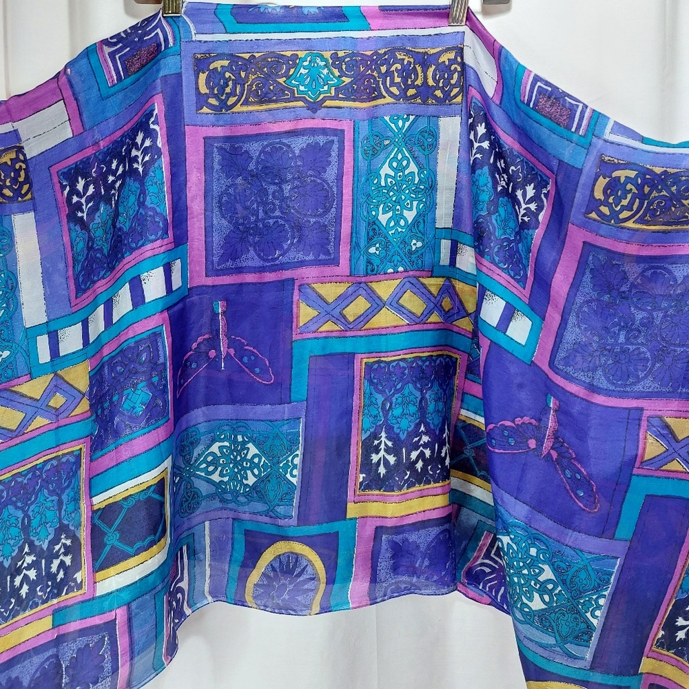 Silk Scarf - Purple, Teal, Blue Geometric Block Print 44"x44"
